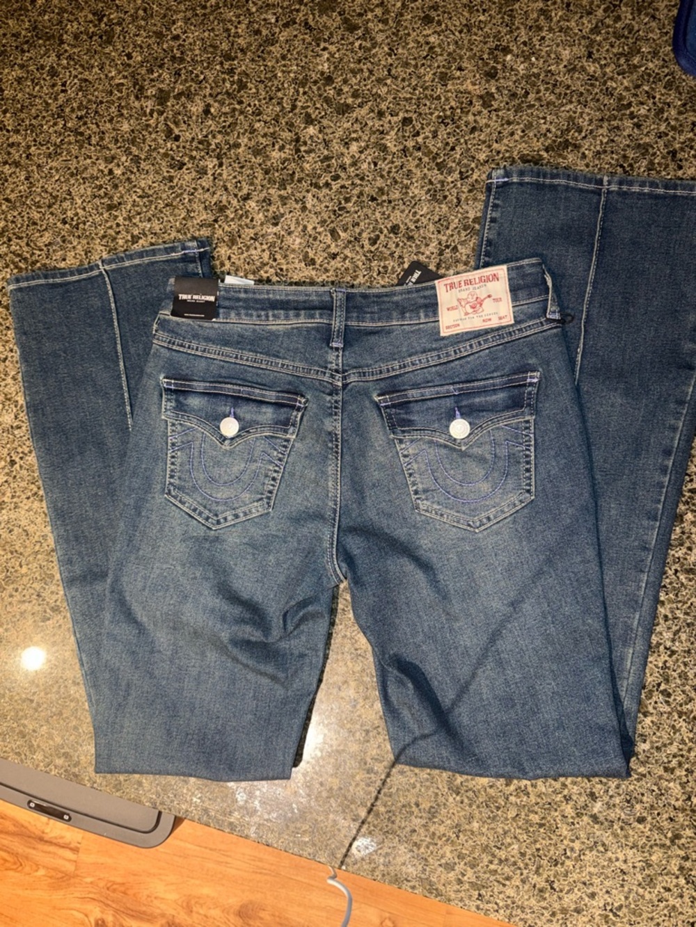 True Religion Women's Dark Blue Boot Cut Jeans with Signature Back Pockets